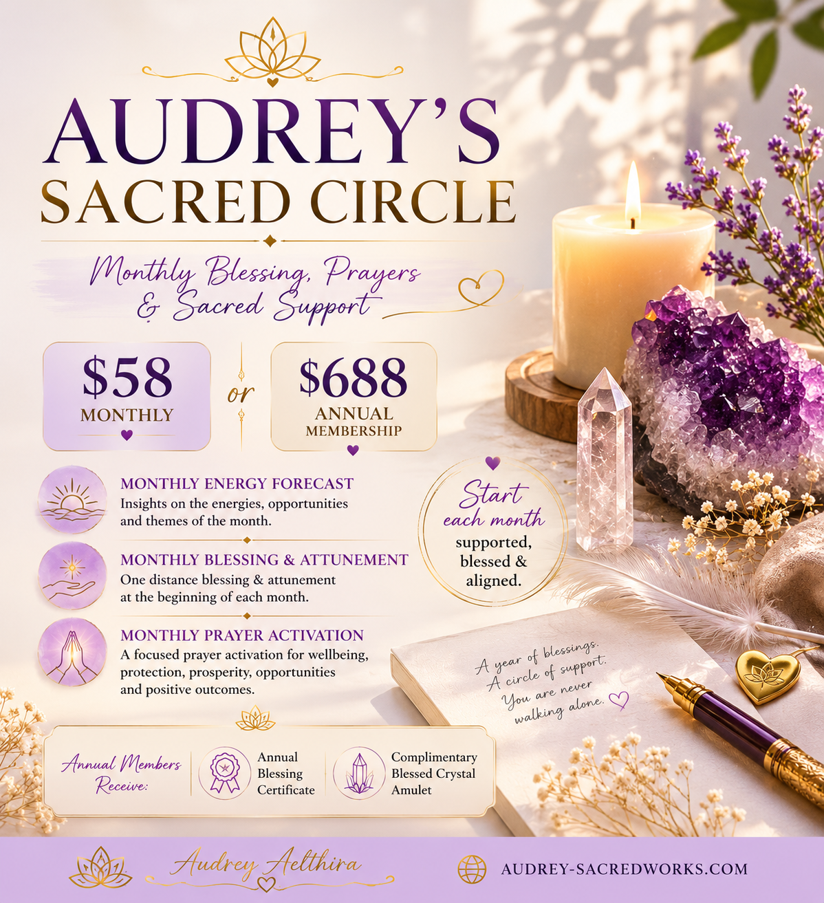 Audrey’s Sacred Circle
(Monthly Blessings, Prayers & Sacred Support) Conducted Remotely Worldwide By Audrey