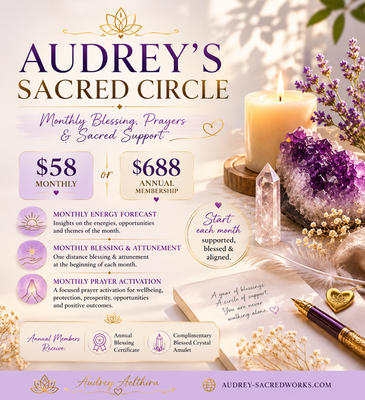 Audrey’s Sacred Circle
(Monthly Blessings, Prayers & Sacred Support) Conducted Remotely Worldwide By Audrey